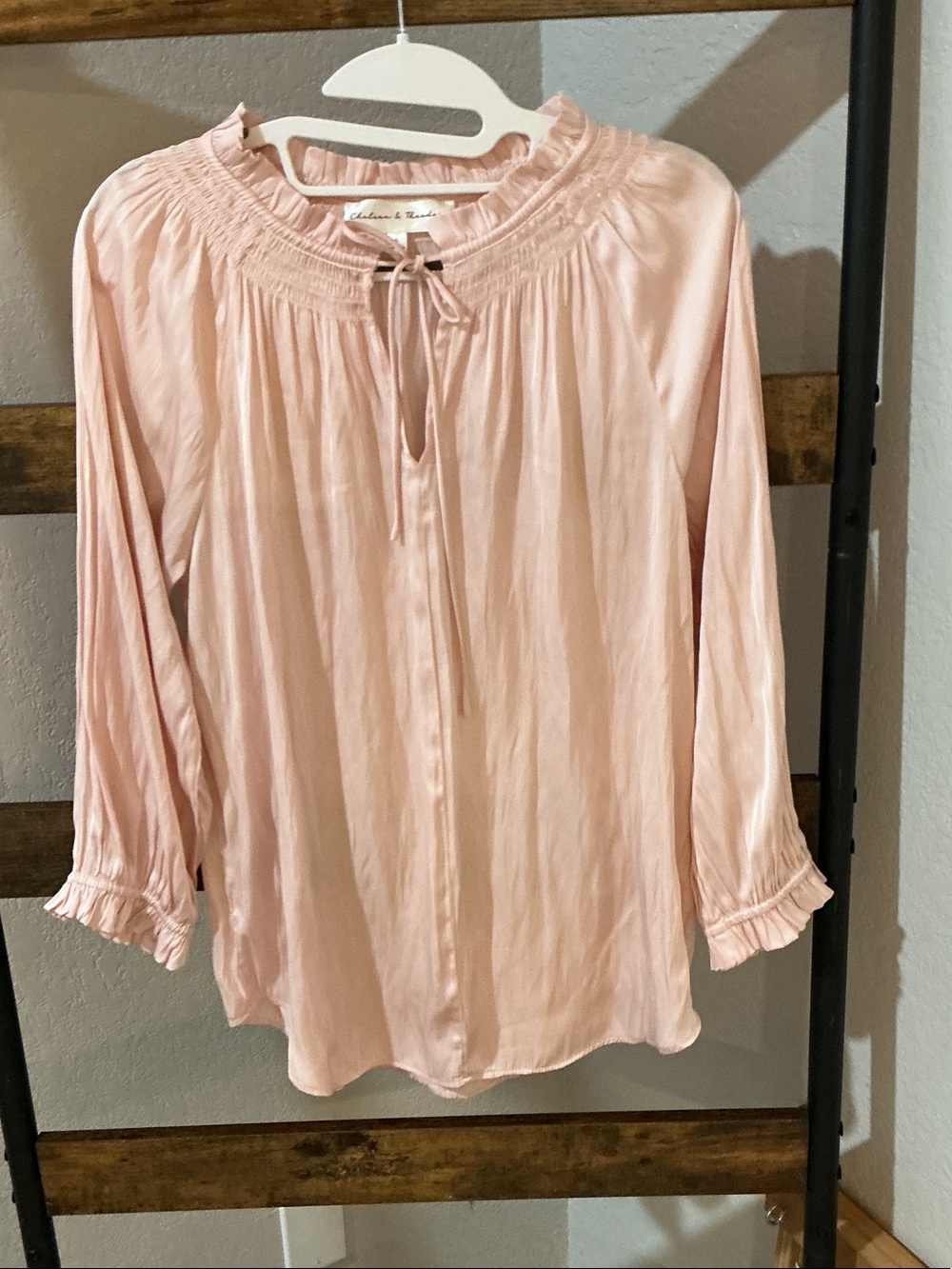 Chelsea & Theodore Blush Pink Tie-Neck Peasant Blouse